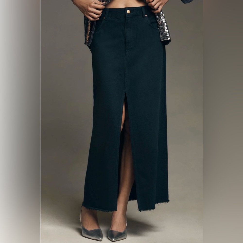 Anthropologie Pilcro Madi Black Denim Maxi Skirt Size 6 Front Slit